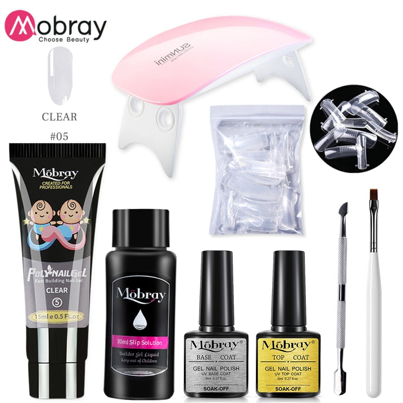 Mobray Poy UV Gel With UV LED Lamp Manicure Set Poly Nail Gel Polish Kit Nail Art Tools For Manicure Need Base Top Coat Nail Kit